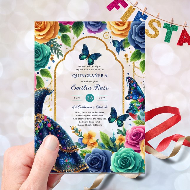 Quinceañera Fiesta Butterfliegen Stille Kleidung R Acryleinladungen (Von Creator hochgeladen)