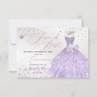 Quinceanera Flieder Lila Glitzerkleid Save the Dat Einladung