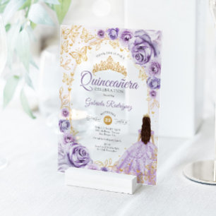 Quinceanera Flieder Purpur Gold Blumen Acryleinladungen