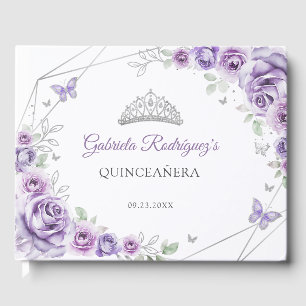 Quinceanera Flieder Purpur Silber Blumen Details Gästebuch