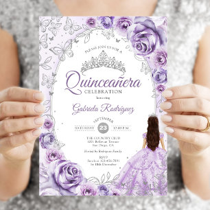 Quinceanera Flieder Purpur Silber Blumen Einladung