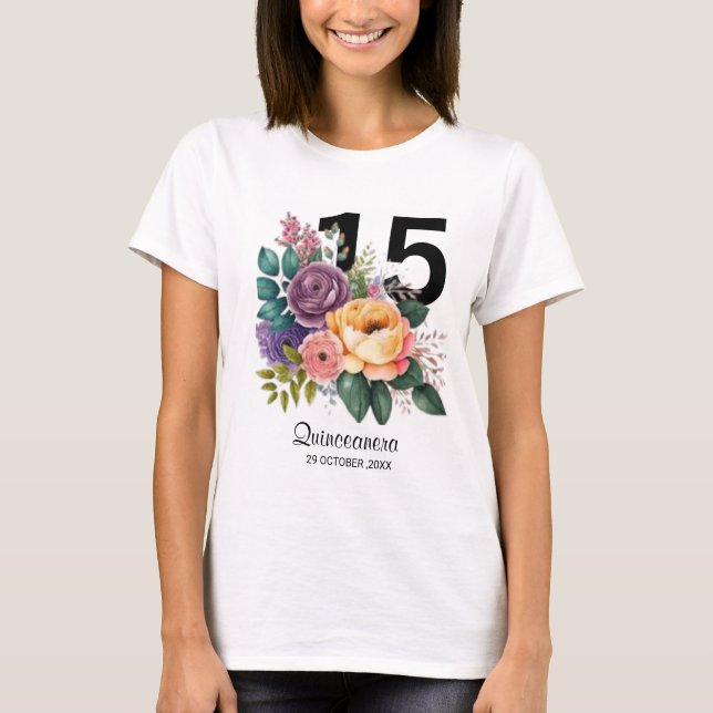 Quinceanera Floral 15. Geburtstag T - Shirt (Vorderseite)
