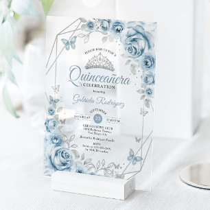 Quinceanera Floral Baby Blue Silver Acryleinladungen
