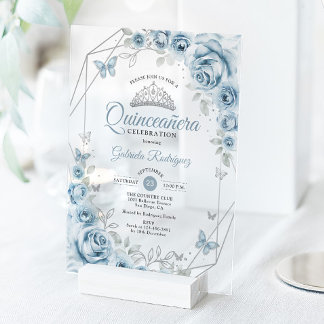 Quinceanera Floral Baby Blue Silver Acryleinladungen