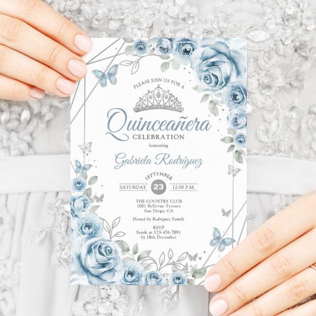 Quinceanera Floral Baby Blue Silver Einladung (Von Creator hochgeladen)
