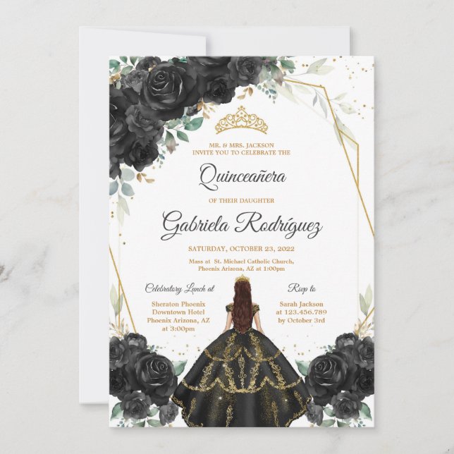 Quinceanera Floral Black Gold Invitation Einladung (Vorderseite)