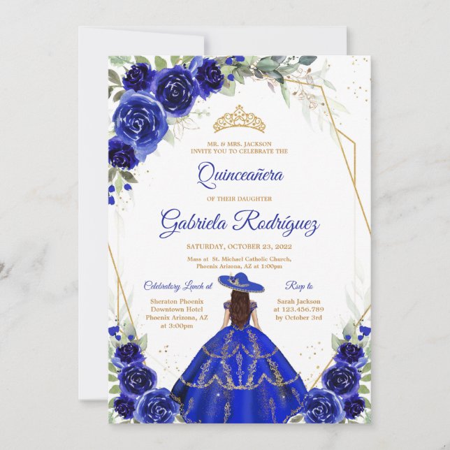 Quinceanera Floral Blue Gold Invitation Einladung (Vorderseite)