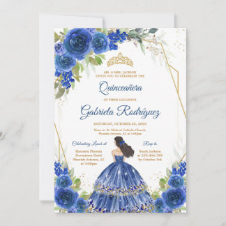 Quinceanera Floral Blue Gold Invitation Einladung