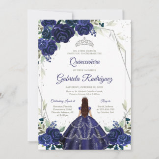 Quinceanera Floral Blue Silver Invitation Einladung