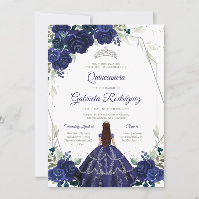 Quinceanera Floral Blue Silver Invitation Einladung (Vorderseite)