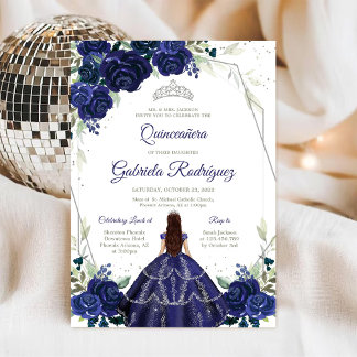 Quinceanera Floral Blue Silver Invitation Einladung