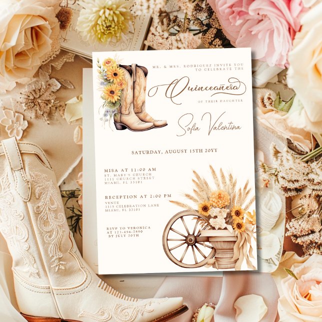 Quinceañera Floral Charro Sonnenblume Land Rustika Einladung (Quinceañera Floral Charro Sunflower Country Rustic Invitation)