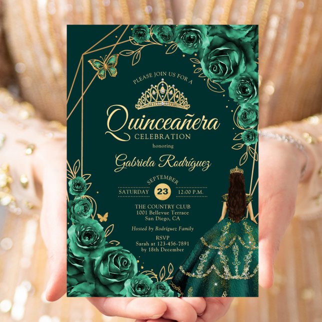 Quinceanera Floral Emerald Gold Gold Dress Einladung (Von Creator hochgeladen)