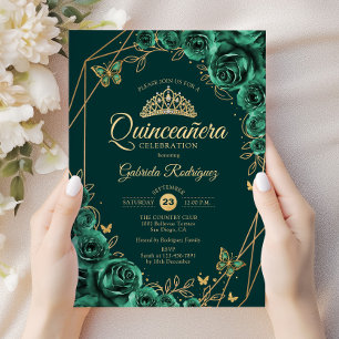Quinceanera Floral Emerald Green Gold Einladung