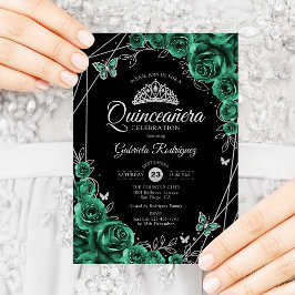 Quinceanera Floral Emerald Green Silver Black Einladung