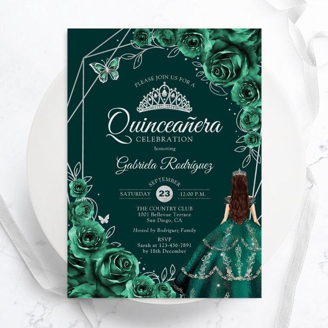 Quinceanera Floral Emerald Green Silver Dress Einladung (Von Creator hochgeladen)
