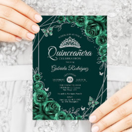 Quinceanera Floral Emerald Green Silver Einladung