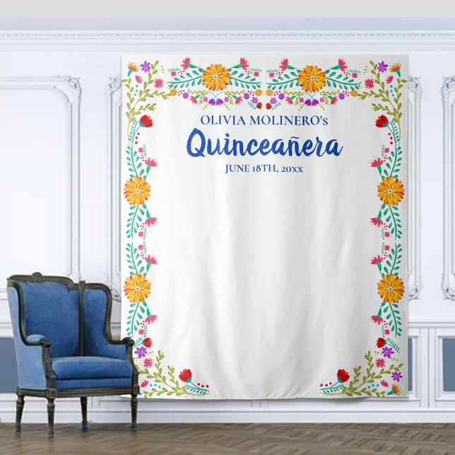 Quinceanera Floral Foto Stand Hintergrund Blau Wei Wandteppich (Von Creator hochgeladen)