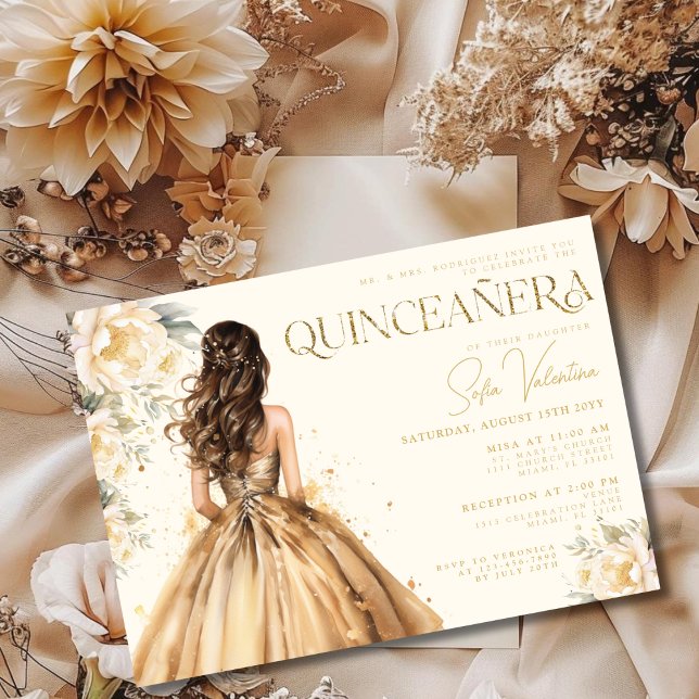 Quinceañera Floral Gold Dress Champagne Gown Einladung (Quinceañera Floral Gold Dress Champagne Gown Invitation)