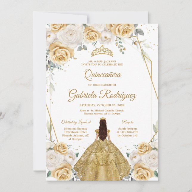 Quinceanera Floral Gold Invitation Einladung (Vorderseite)