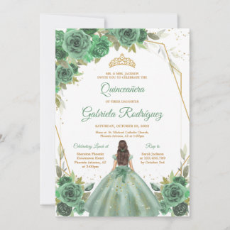 Quinceanera Floral Green Gold Invitation Einladung