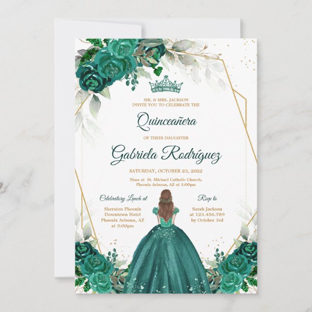 Quinceanera Floral Green Gold Invitation Einladung (Vorderseite)