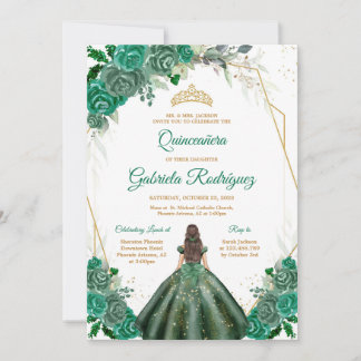 Quinceanera Floral Green Gold Invitation Einladung