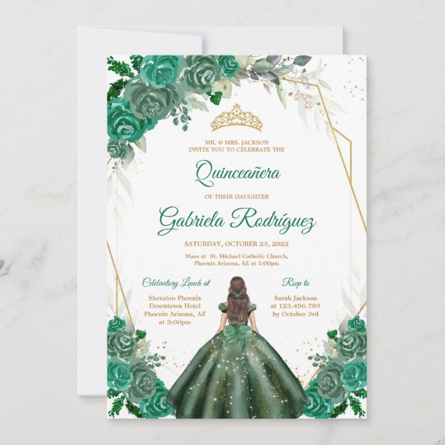 Quinceanera Floral Green Gold Invitation Einladung (Vorderseite)