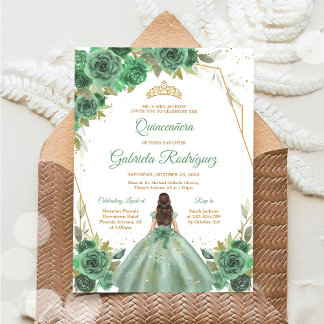 Quinceanera Floral Green Gold Invitation Einladung