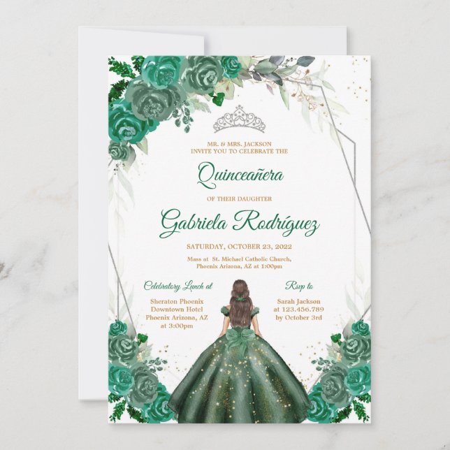 Quinceanera Floral Green Silver Invitation Einladung (Vorderseite)