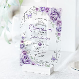 Quinceanera Floral Lilac Purple Silver Acryleinladungen