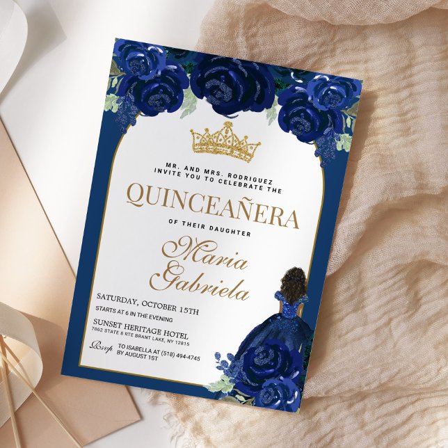 Quinceanera Floral Navy Blue Gold Mis Quince Anos Einladung (Von Creator hochgeladen)