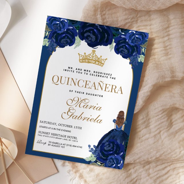 Quinceanera Floral Navy Blue Gold Mis Quince Anos Einladung (Von Creator hochgeladen)