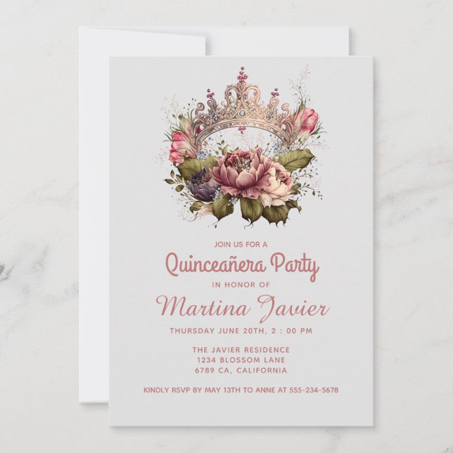 Quinceañera Floral Pincess Crown 15. Geburtstag Einladung (Vorderseite)