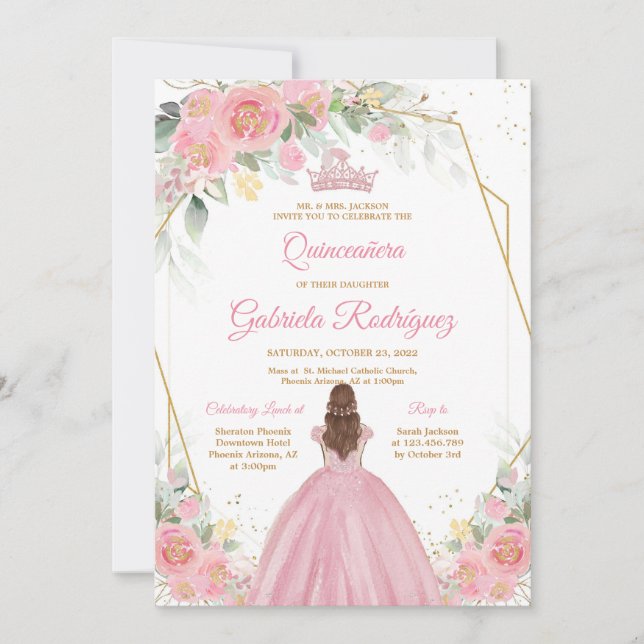 Quinceanera Floral Pink Gold Invitation Einladung (Vorderseite)