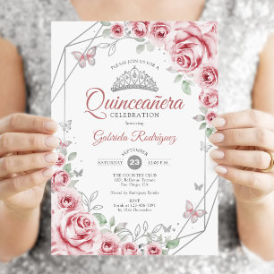 Quinceanera Floral Pink Silber Einladung