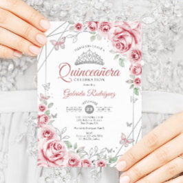 Quinceanera Floral Pink Silber Einladung