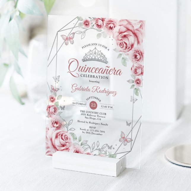 Quinceanera Floral Pink Silver Acryleinladungen (Von Creator hochgeladen)