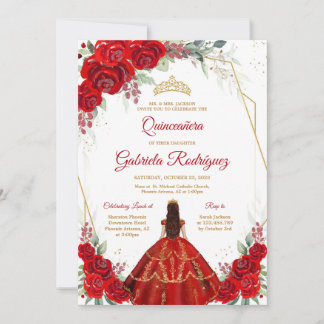 Quinceanera Floral Red Gold Invitation Einladung