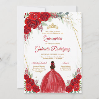 Quinceanera Floral Red Rose Gold Invitation Einladung