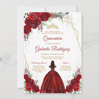 Quinceanera Floral Red Rose Gold Invitation Einladung