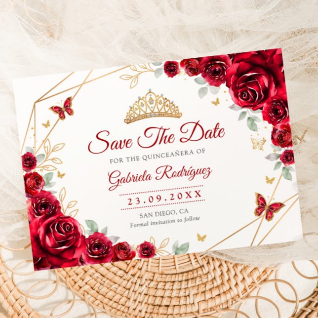 Quinceanera Floral Red Roses Gold Save The Date (Von Creator hochgeladen)