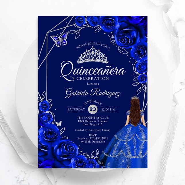 Quinceanera Floral Royal Blue Silver Dress Einladung (Von Creator hochgeladen)