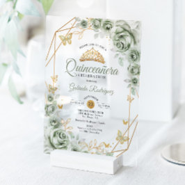 Quinceanera Floral Sage Green Gold Acryleinladungen