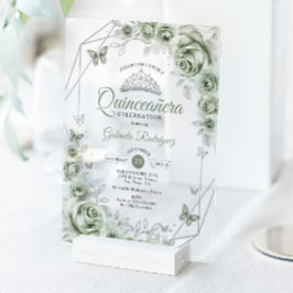 Quinceanera Floral Sage Green Silver Acryleinladungen