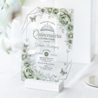 Quinceanera Floral Sage Green Silver Acryleinladungen