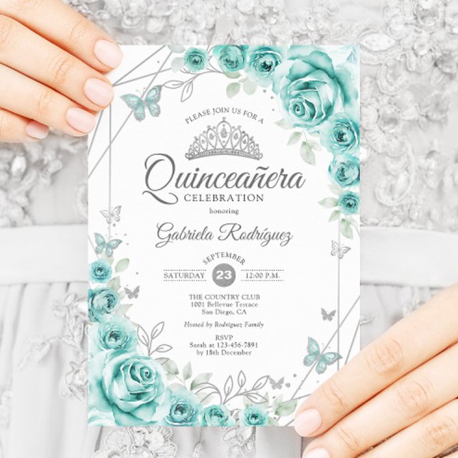 Quinceanera Floral Türkis Silver Einladung (Von Creator hochgeladen)