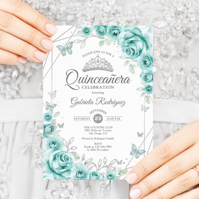 Quinceanera Floral Türkis Silver Einladung (Von Creator hochgeladen)