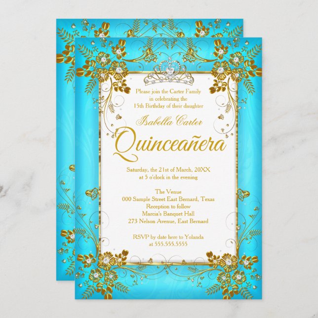 Quinceanera Foto Aquamarin Blue Gold Diamond Tiara Einladung (Vorne/Hinten)