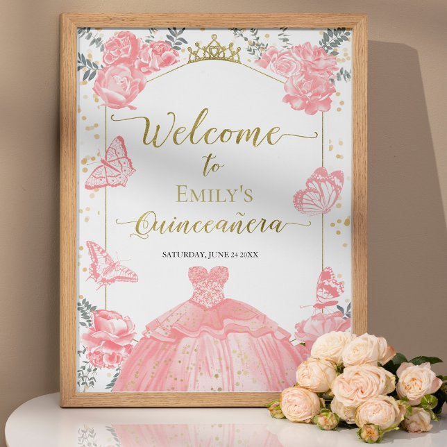 Quinceanera Foto Begrüßung Rosa Blütengold Poster (Von Creator hochgeladen)